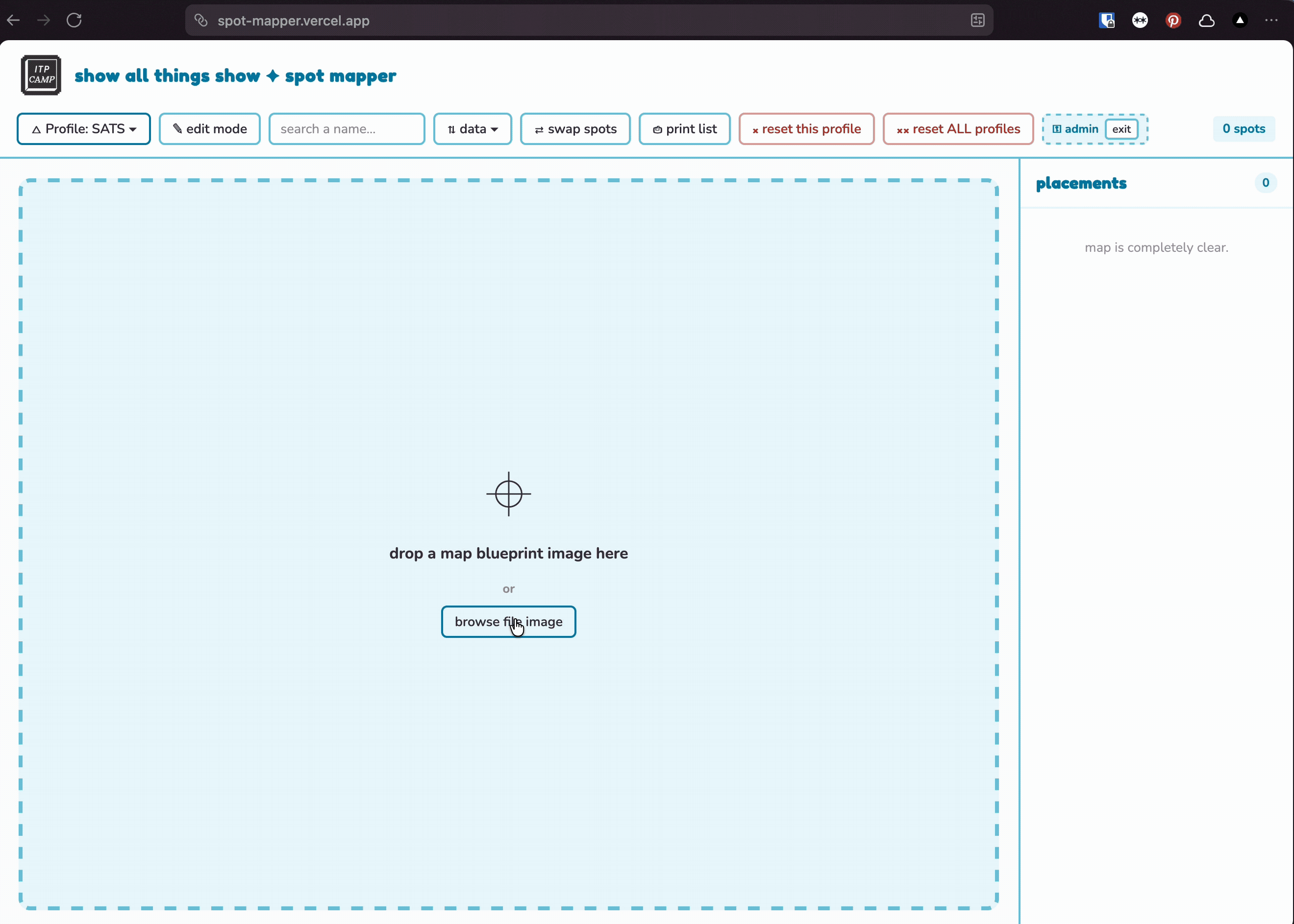 Empty spot-mapper admin state showing a dashed dropzone reading 'drop a map blueprint image here'