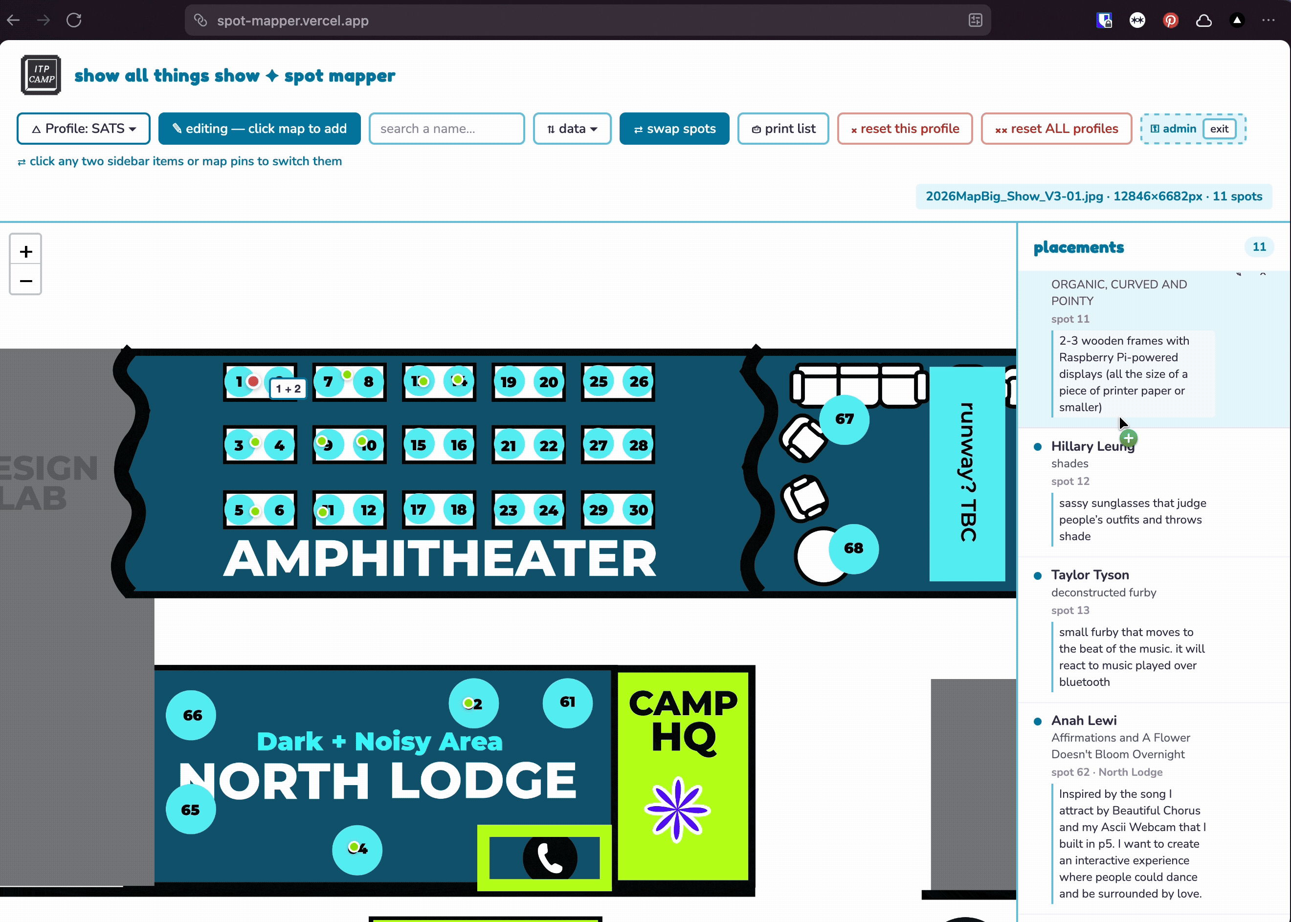 Populated spot-mapper admin view showing real camper placements with names and project descriptions in the sidebar