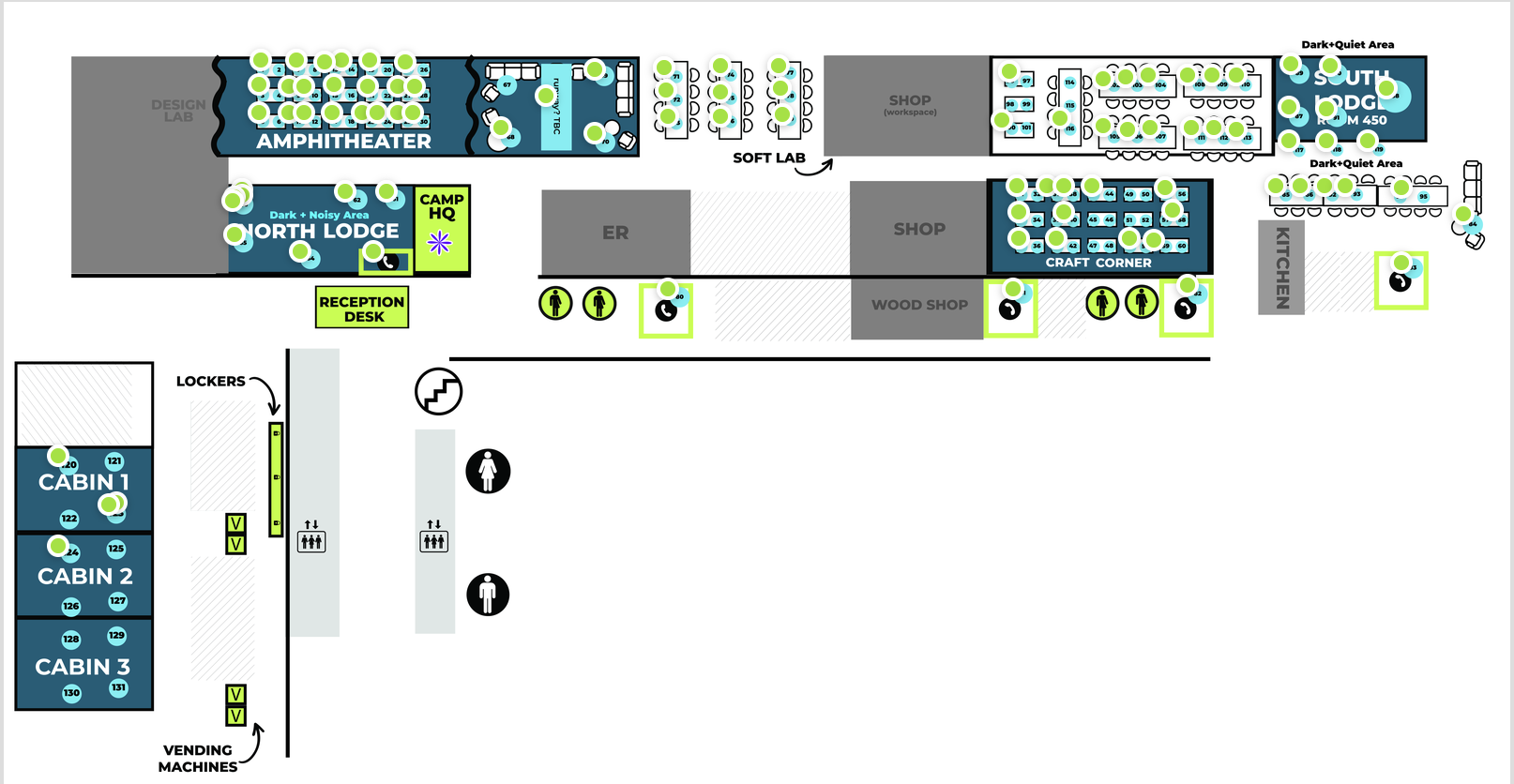Full ITP Camp floor plan with 150+ numbered spot pins placed across cabins, amphitheater, lodges, and workshop areas